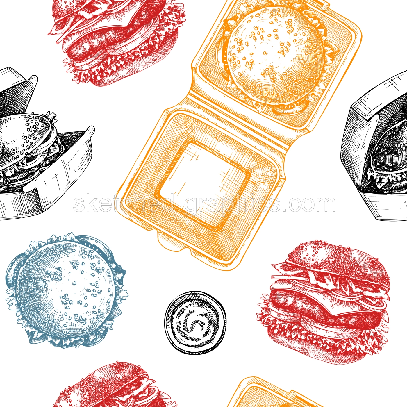 Fast food restaurant background. Burgers seamless pattern. Hand drawn vector illustration. Cardboard boxes for takeaway food, food delivery paper, plastic container sketches. Illustration